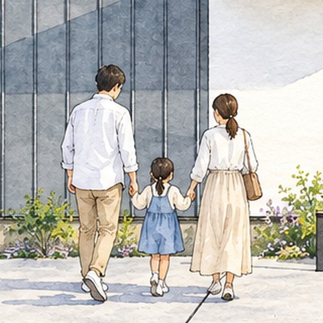 手をつないで玄関へ歩く家族の後ろ姿